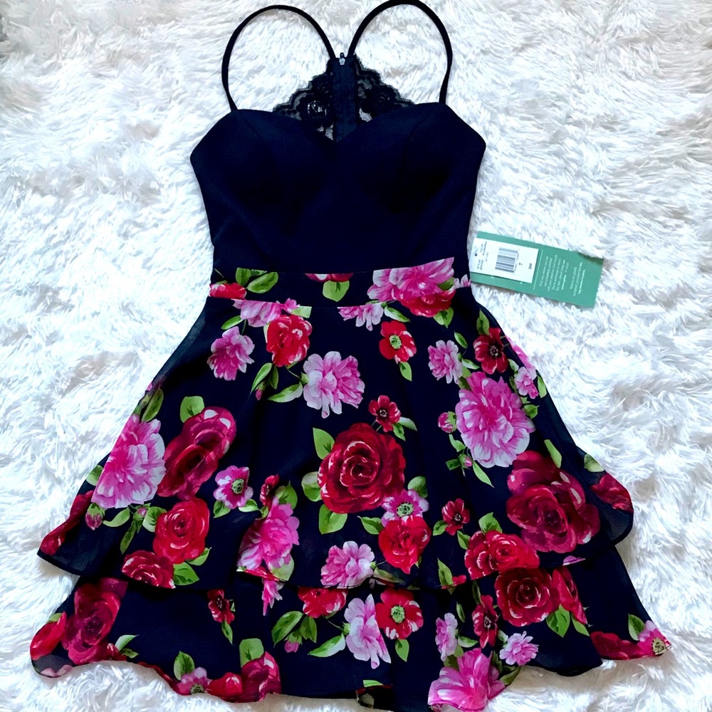 🌺B. Smart Navy Blue Floral Fit Flare Dress🌺